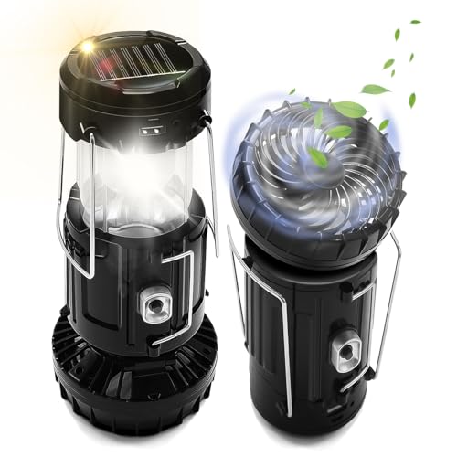 2-Pack Solar Camping Fan w/ Lantern, DIBMS Collapsible Solar Powered USB Rechargeable & Battery Powered Emergency Hanging Lights for Camping Tent Hurricanes Power Outages Storm Indoor Outdoor