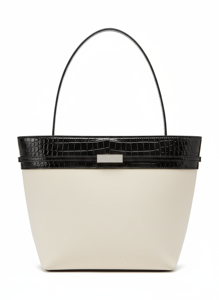 Cream & Black Croc-Embossed Two-Tone Tote Bag