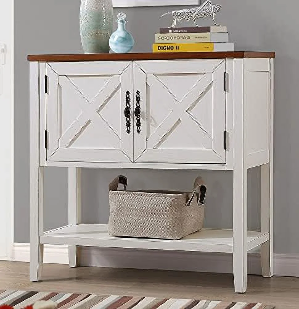TJUNBOLIFE Farmhouse & Modern Console Table with 3 Cabinets and 1 Open   Rustic Sofa Table Entryway Table with Artificial Stone Look Tabletop for Living Room (Oak/Elegant-)