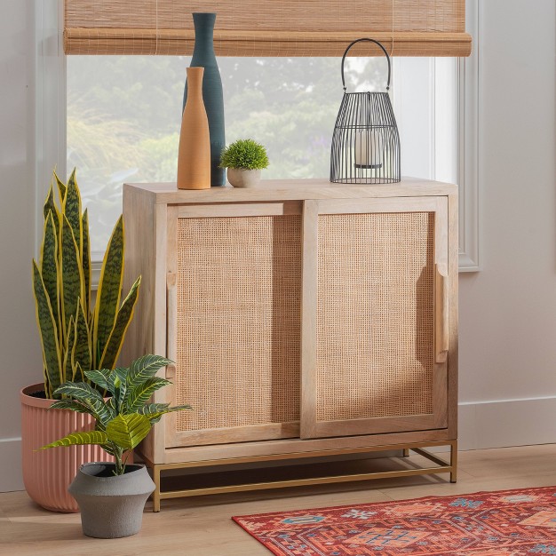 Gordon Transitional Sliding Natural Cane Door Cabinet With 1 Shelf And Gold Metal Base Powell