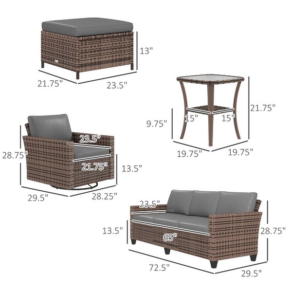 Outsunny 6 Piece Patio Furniture Set with Rattan Threeseater Sofa,Swivel Rocking Chairs,Footstools