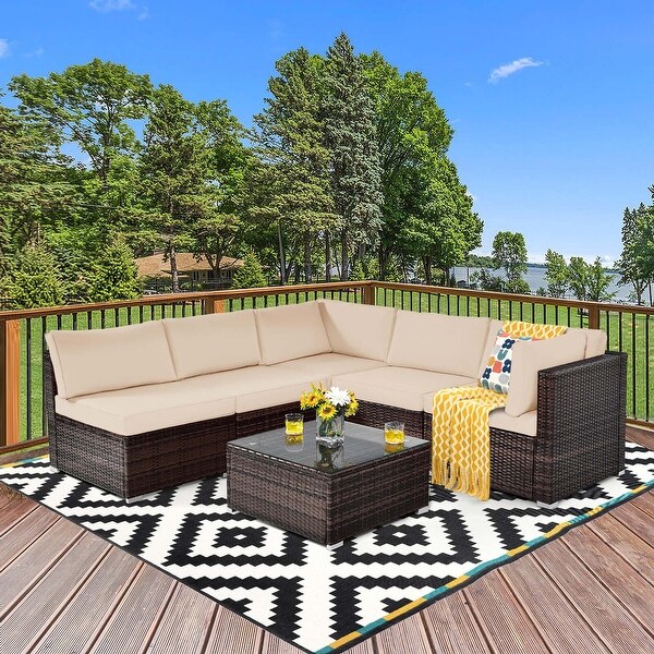 Costway 6PCS Patio Rattan Furniture Set Cushioned Sofa Coffee Table