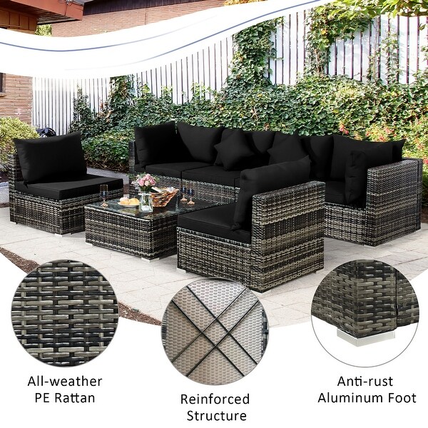 7PCS Patio Rattan Furniture Set Sectional Sofa Garden Cushion