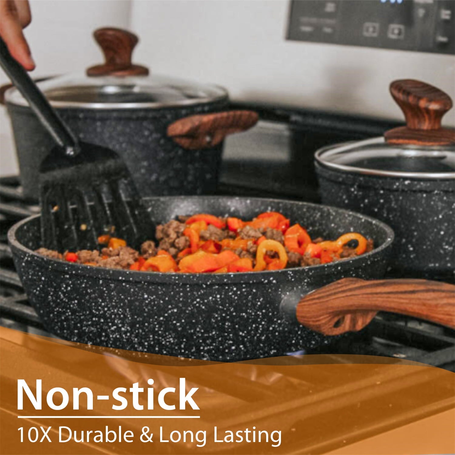 MF Studio 12 Pieces Cookware Set Granite Nonstick Pots and Pans Dishwasher Safe Black