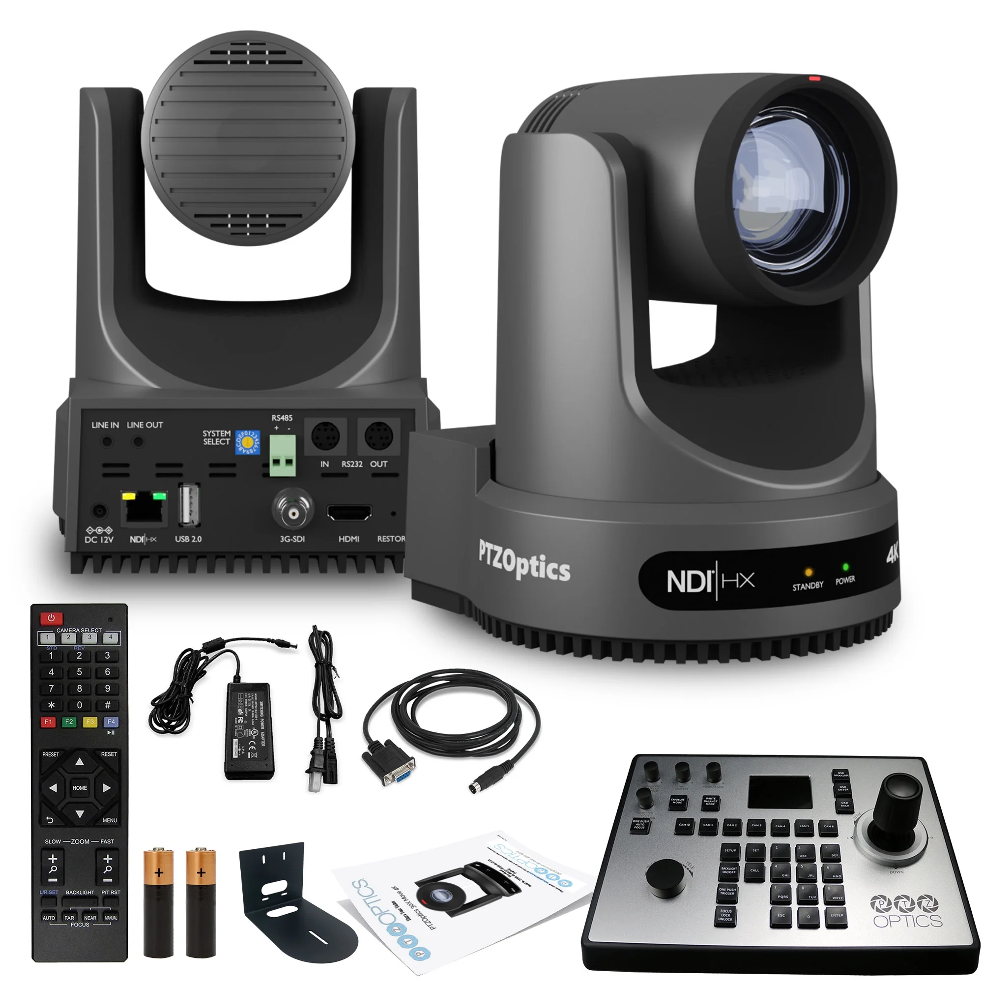 PTZOptics Move 4K SDI/HDMI/USB/IP PTZ Camera with 12x Optical Zoom (Gray) (PT12X-4K-GY-G3) + PTZOptics PT-JOY-G4 Joystick Controller + Universal Wall Mount (Black)