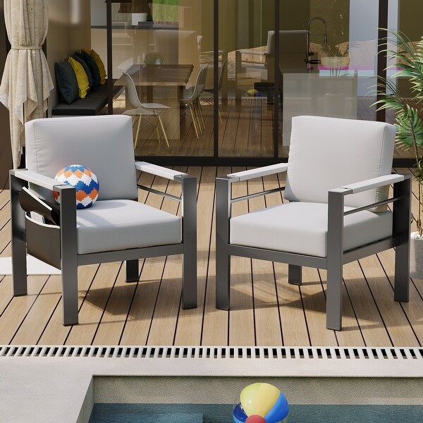 Outdoor Aluminum Club Chairs with Braided Rope Armrests Movable Side Pocket and Cushions (Set of 2)