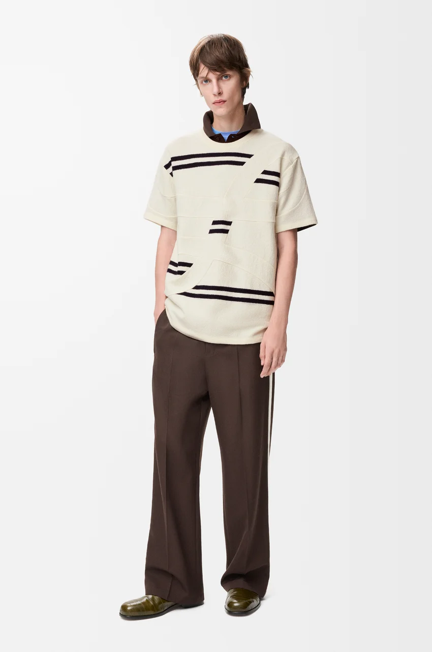 LOEWE T-shirt in lightweight textured wool featuring placed stripes and a LOEWE L intarsia at the front.
