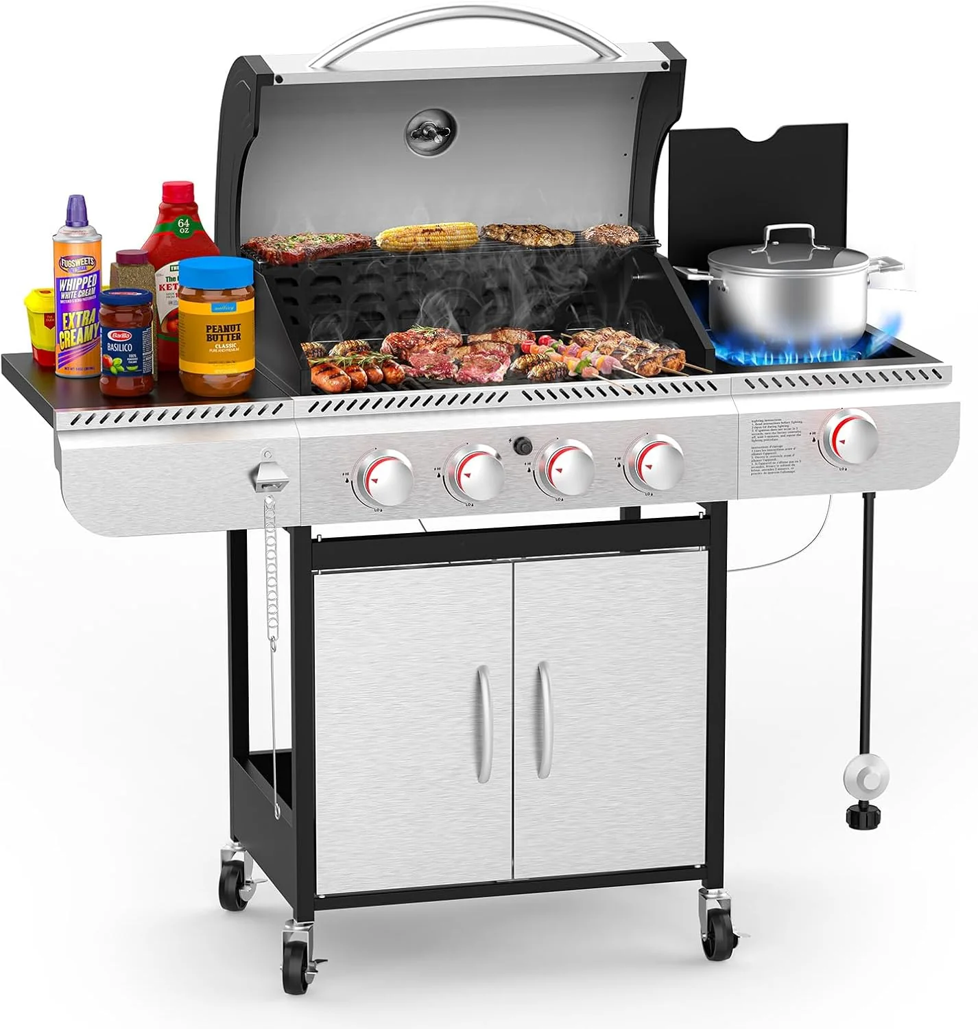 4-Burner Propane Gas Grill with Porcelain-Enameled Cast Iron Grates and Side Burne G0141A