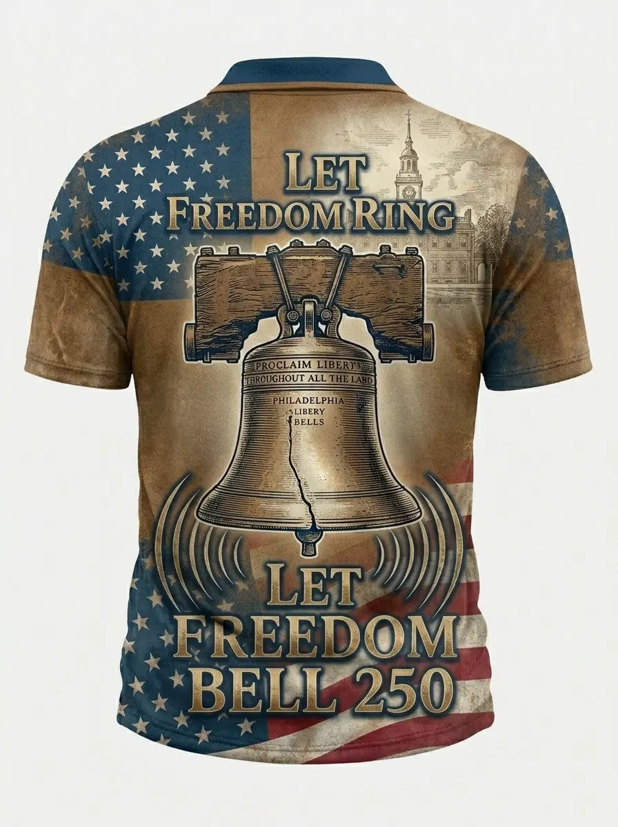 Moisture Wicking Golf Polo 3D Liberty Bell Philadelphia 250 Button Short Sleeve Golf Polo Shirt