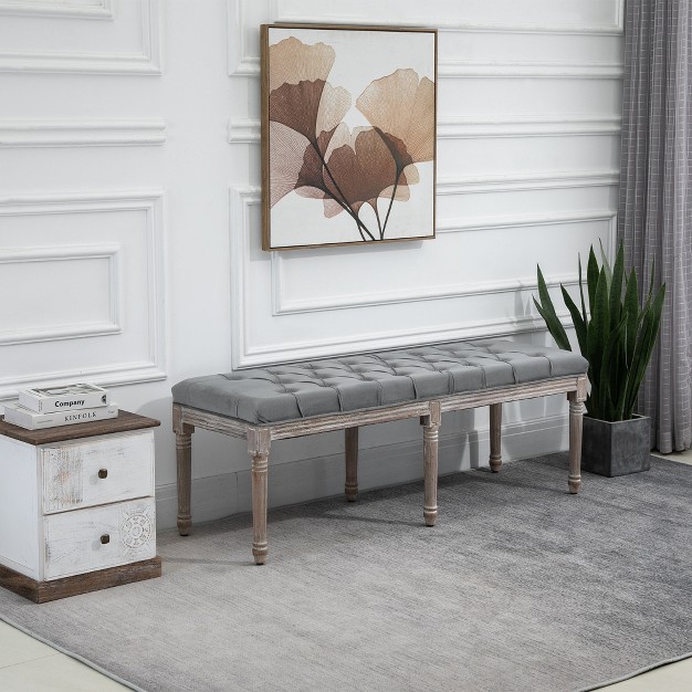 Homcom Sitting Bench Tufted Upholstered Fabric Ottoman With Rubberwood Legs For Living Room Bedroom Hallway Grey