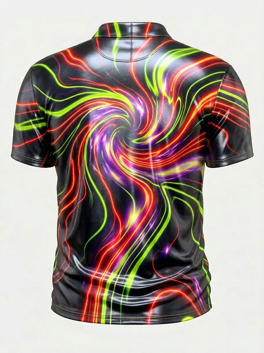 Moisture Wicking Golf Polo 3D Black Neon Swirl Button Short Sleeve Golf Polo Shirt