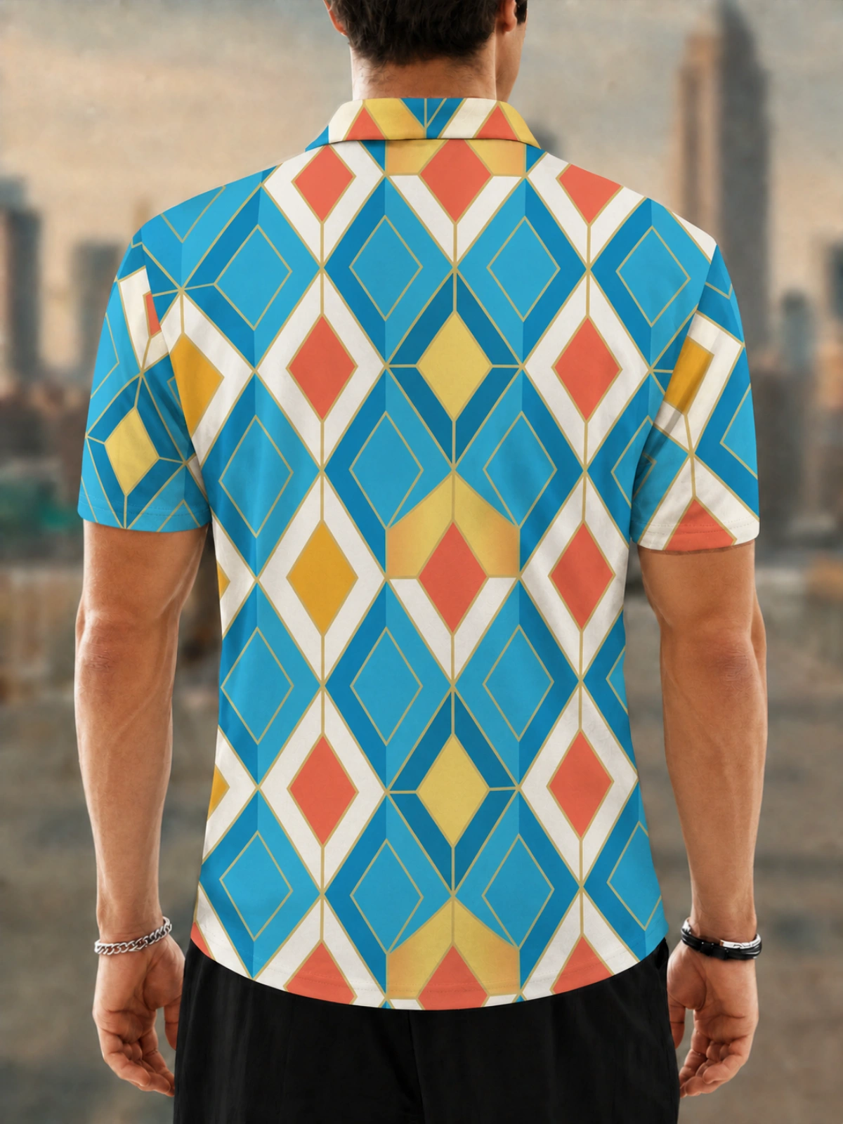 Moisture Wicking Golf Polo 3D Retro Diamond Argyle Geometric Button Short Sleeve Golf Polo Shirt