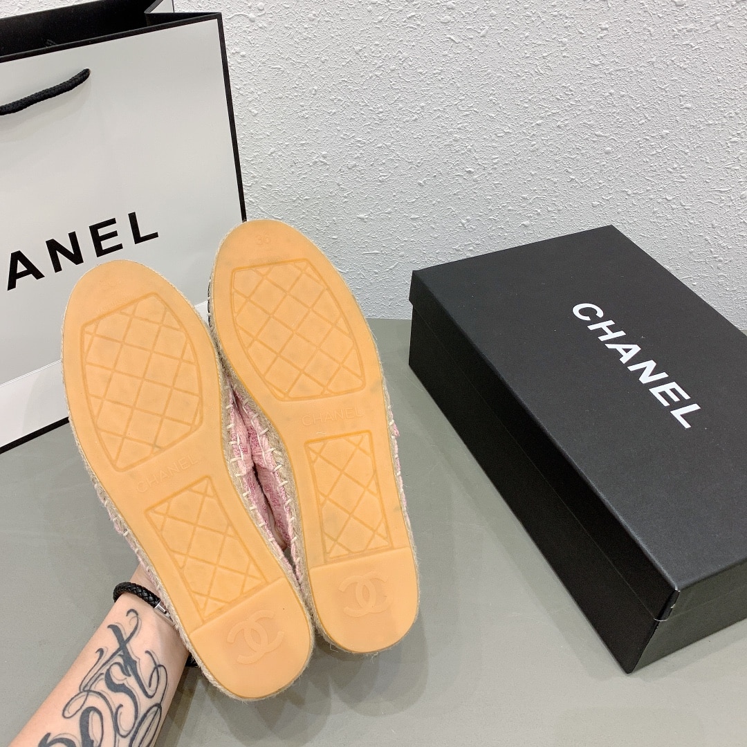 Chanel Tweed Patent Cc Espadrilles Slip On Pink Black