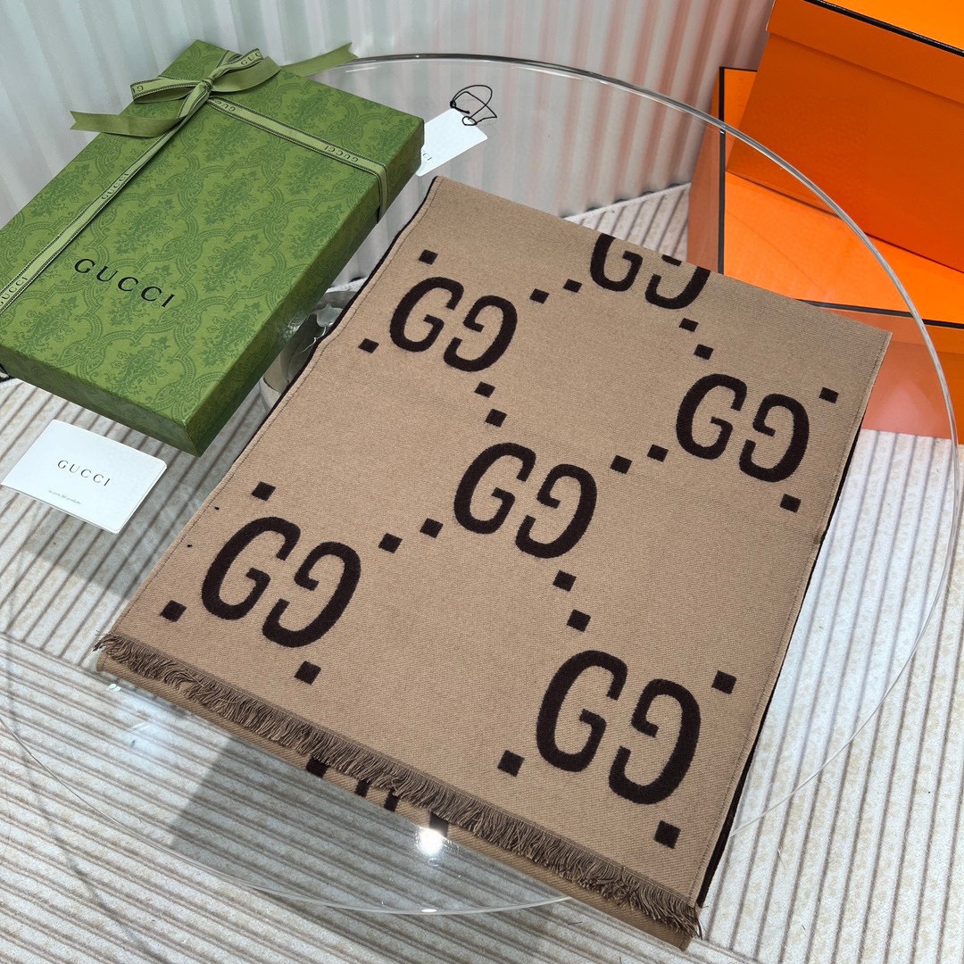 Gucci Cashmere Scarf Pattern Brown Beige For Women 190cm