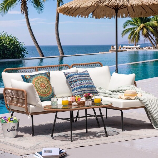 Furniwell 3Pieces Outdoor Sectional Sofa Rattan Patio Set with Cushions