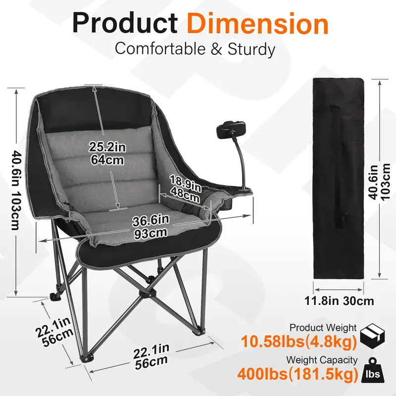 Premium Oversized Single Camping Chair – Heavy-Duty 400-Lb Folding Seat with Cup Holder & Phone Pocket
