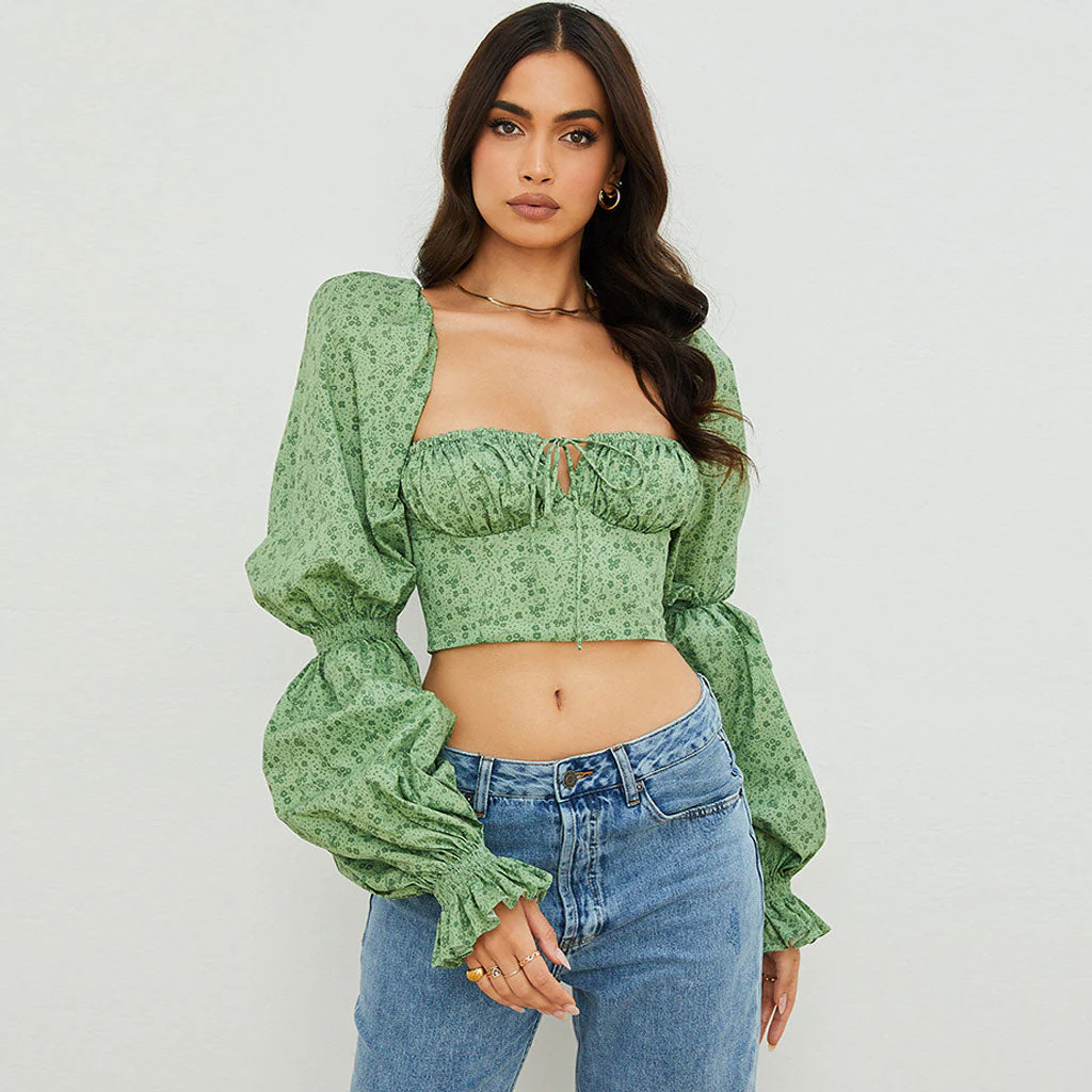 Tie Front Bustier Crop Top with Puff SleevesClistos
