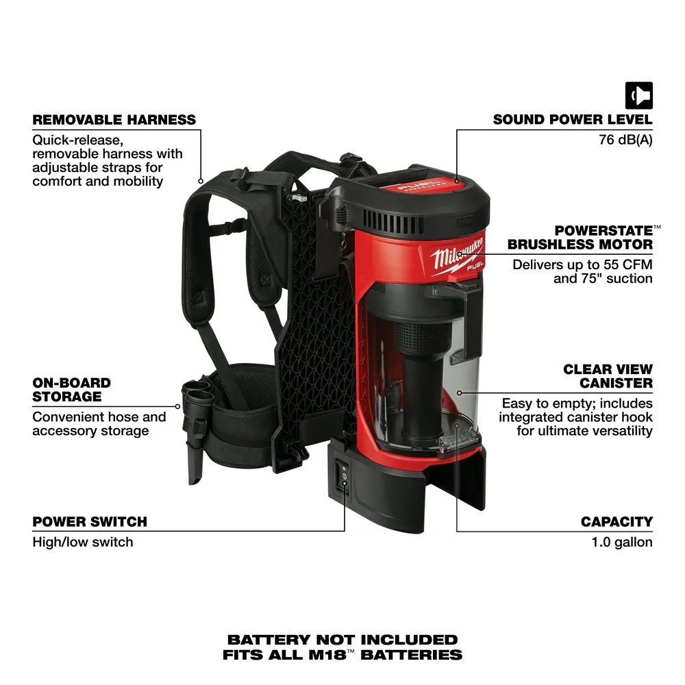 2026 Milwaukee 0885-20 M18 FUEL 3-in-1 Backpack Vacuum, Tool Only