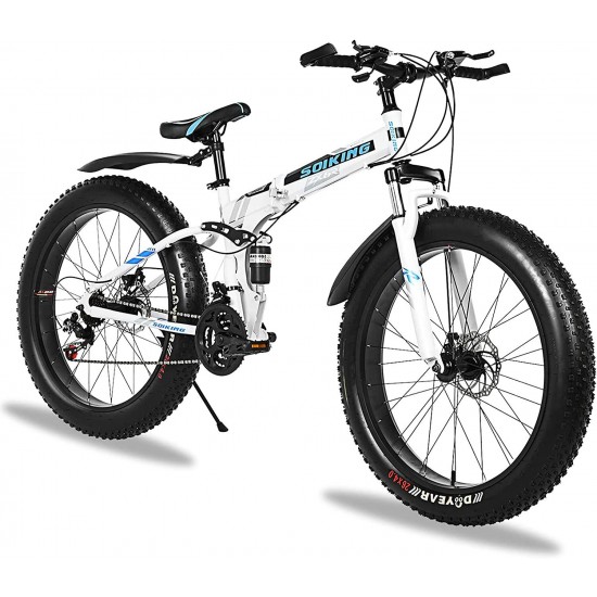 26 Inch 21 Speed Fat Tire Mountain Bike, Non-Slip Adult Mountain Bikes with Double Suspension & Dual Disc Brakes, High-Carbon Steel Fat Tire Mountain Bike for Men/Women
