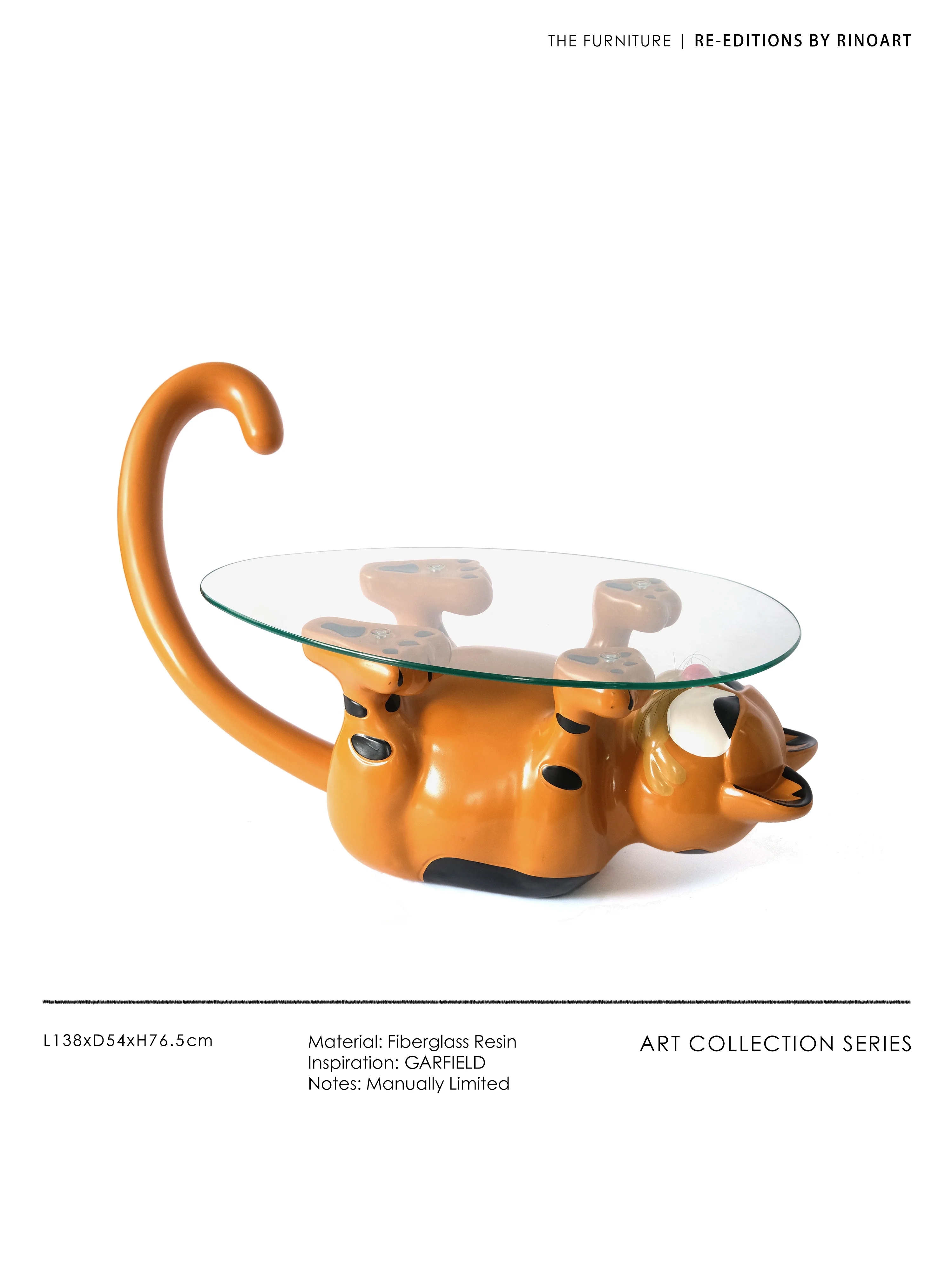 YA016 - Vintage Garfield Cat Coffee Table: Resin, Round Corners, Designer, Glass Low Table