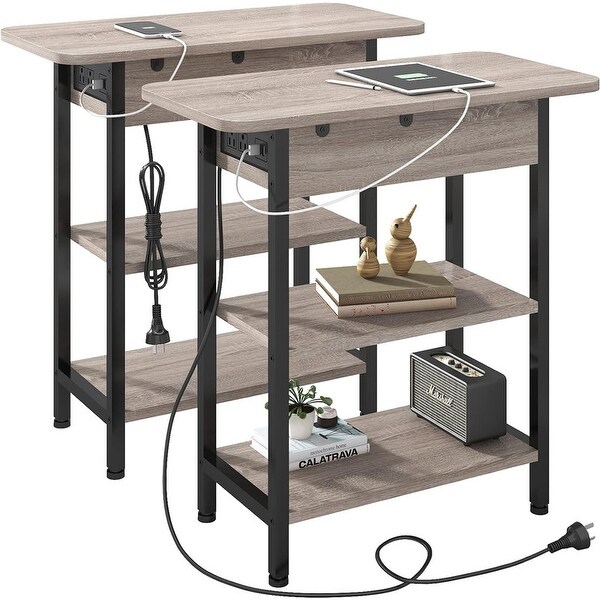 Set of 2 Flip Top Narrow Side Table,Nightstands,End Tables Greige
