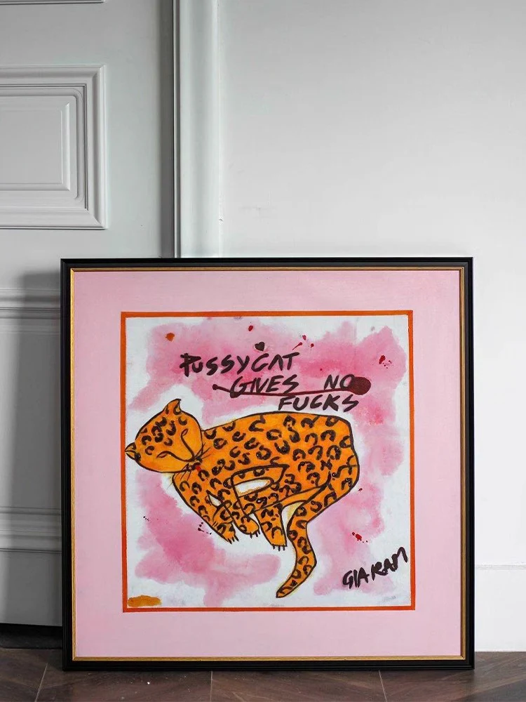 AH067 - Vintage Hand-Painted Oil Pink Leopard 