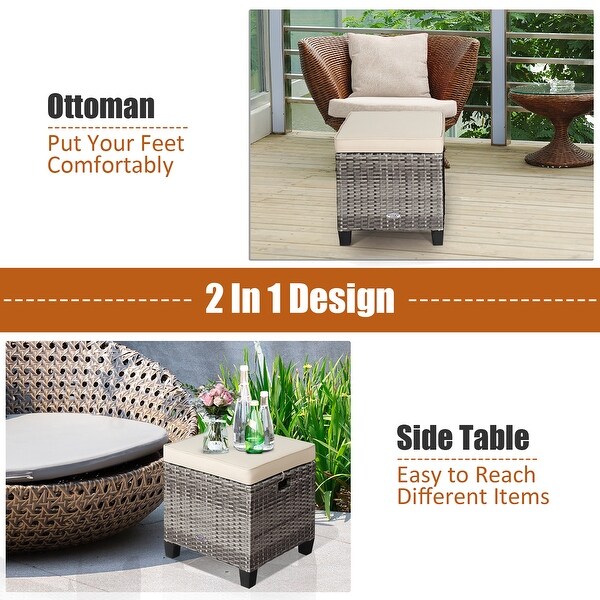 Costway 2PCS Patio Rattan Cushioned Ottoman Seat Foot Rest Table