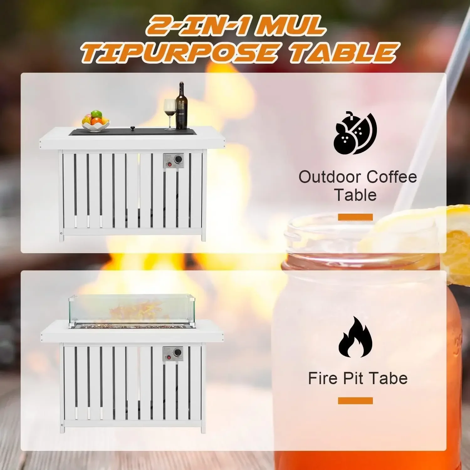 Propane Fire Pit Table, 43 Inch HDPE Smokeless Gas Fire Pit with Lid and Fire Glass, 50,000 BTU Firepit, Add Warmth and Ambience