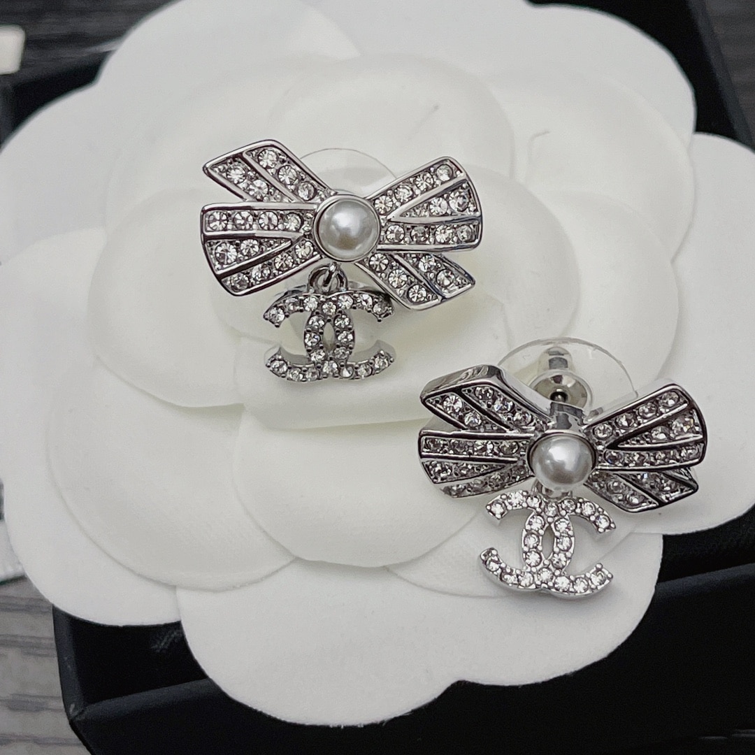 Chanel Crystal Cc Bow Drop Earrings Silver