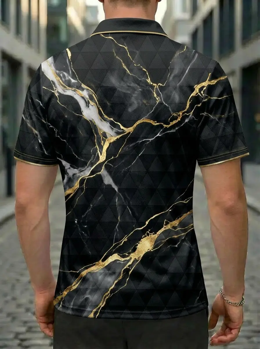 Moisture Wicking Golf Polo 3D Black Gold White Marble Button Short Sleeve Golf Polo Shirt