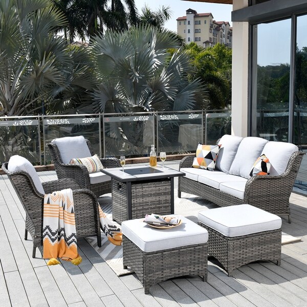 OVIOS Grey Wicker 6piece Patio Furniture Set With Fire Pit