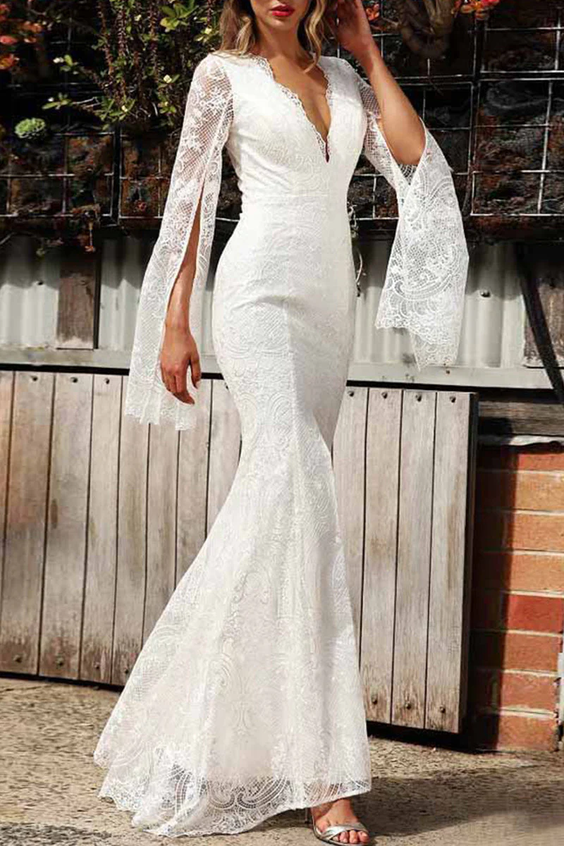 Lace V-Neck Slit Sleeve Evening GownClistos