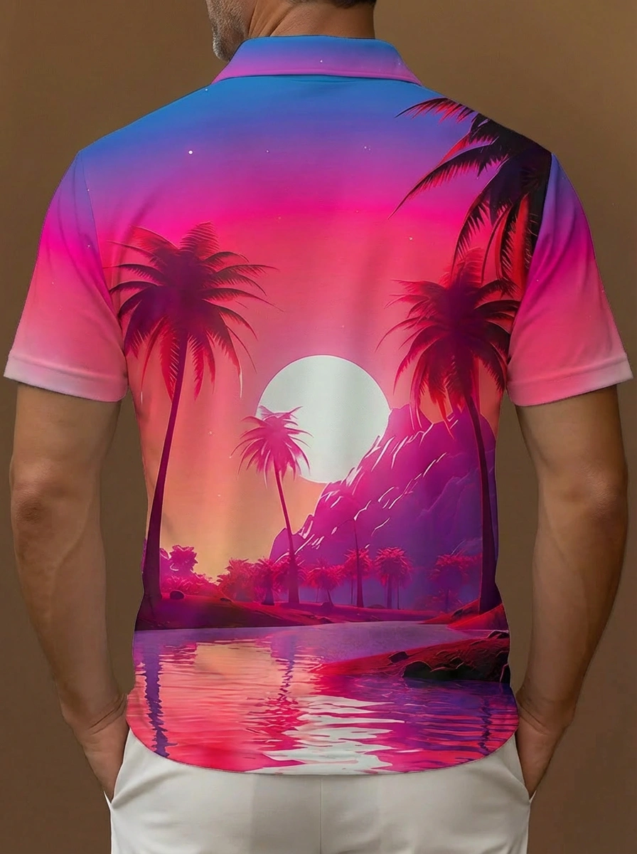 Pink Purple Blue Tropical Sunset Palm Tree Pattern Button Short Sleeve Golf Polo Shirt