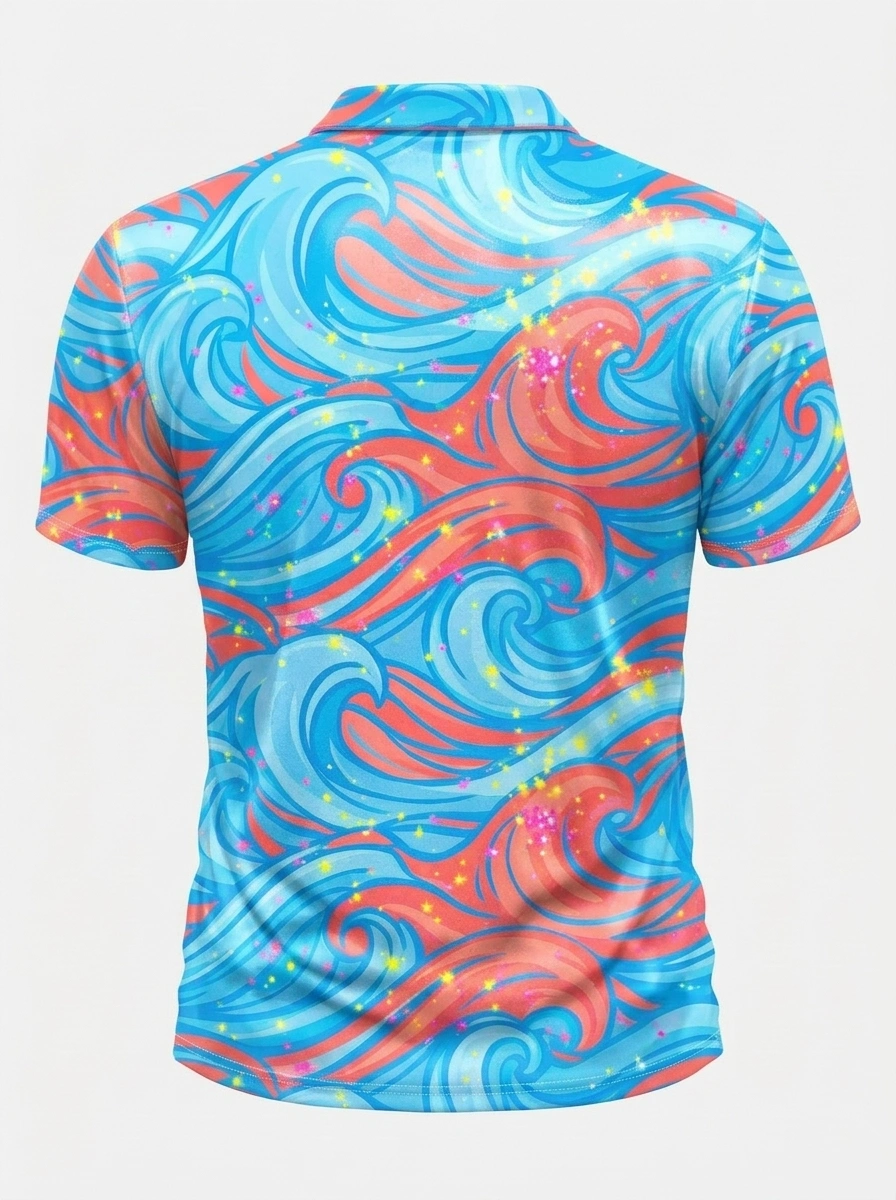 Moisture Wicking Golf Polo 3D Blue Red Wave Glitter Button Short Sleeve Golf Polo Shirt
