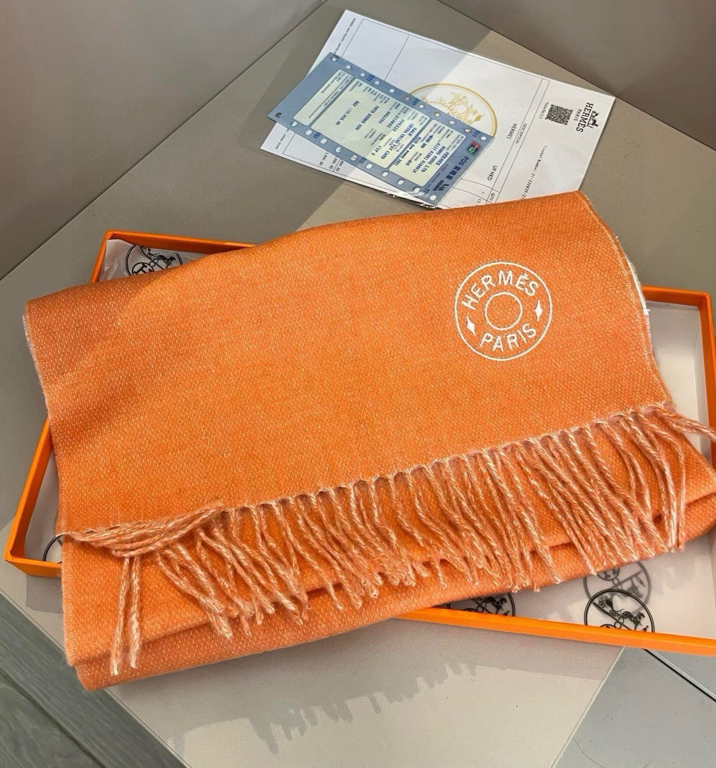 Hermes Cashmere Blanket Scarf Orange For Women 180cm