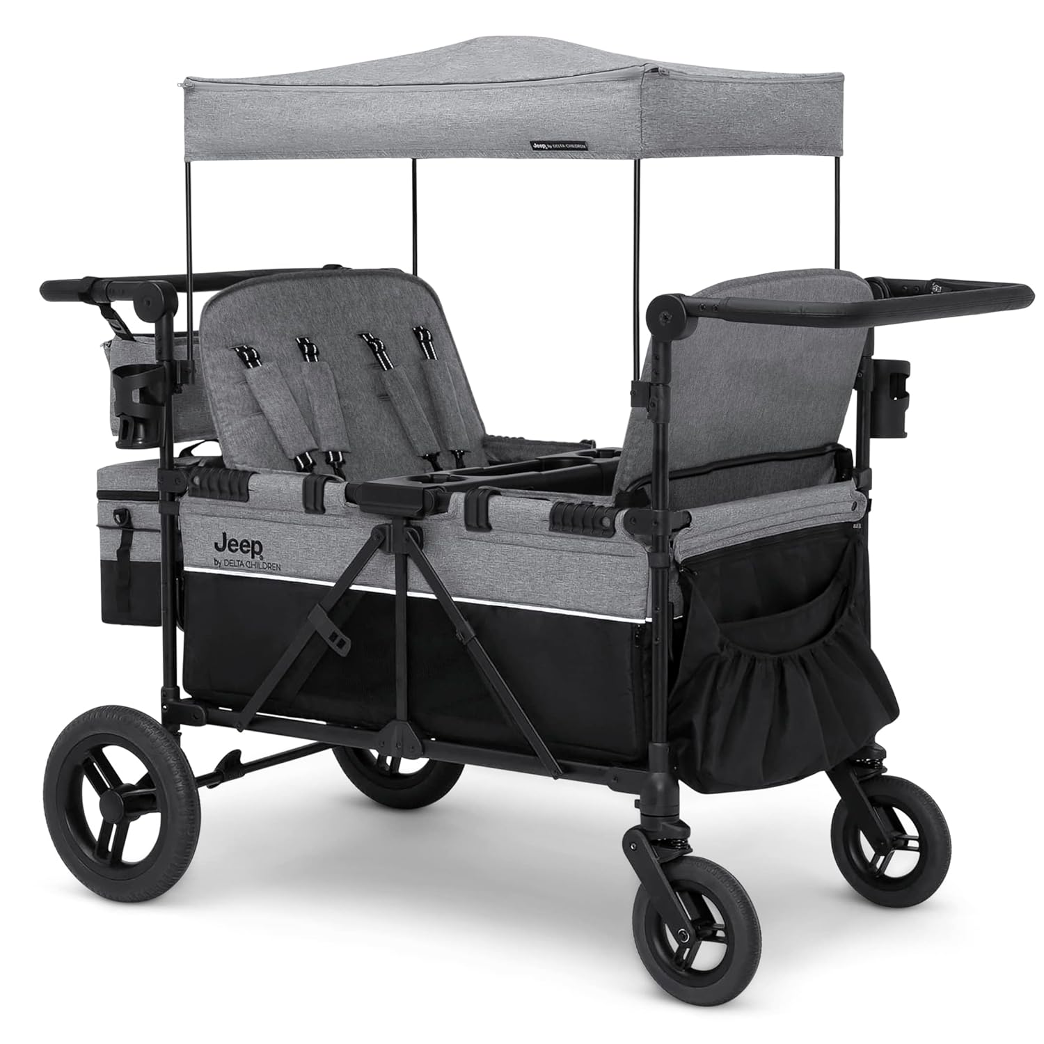 2026 4 Seater Stroller Wagon- Premium Quad Stroller Wagon for 4 Kids with Convertible Seats, Adjustable Push/Pull Handles, Removable Canopy & Flat Fold, Grey