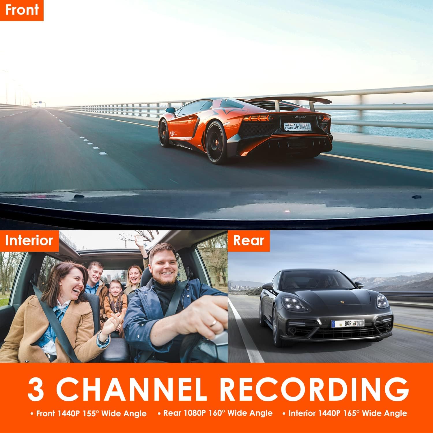 Channel Dash Cam, 4K+1080P Front and Rear, 1440P+1440P Front and Inside, 1440P+1440P+1080P Three Way Triple Car Camera, IR Night Vision, 24 Hours Parking Mode, Support 256GB Max