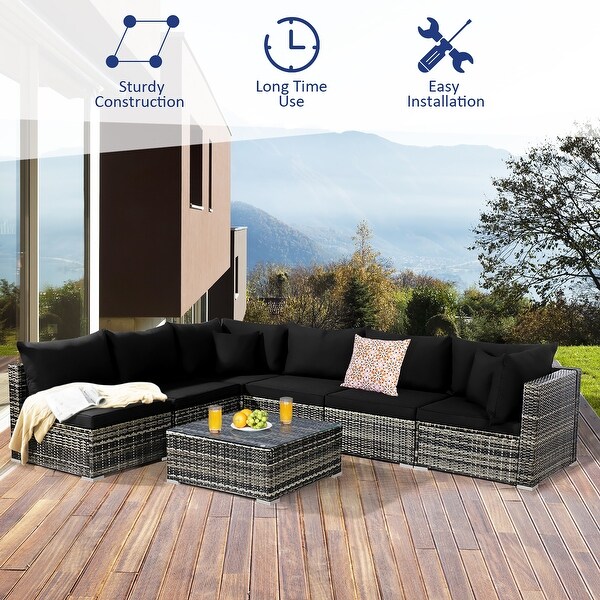 7PCS Patio Rattan Furniture Set Sectional Sofa Garden Cushion
