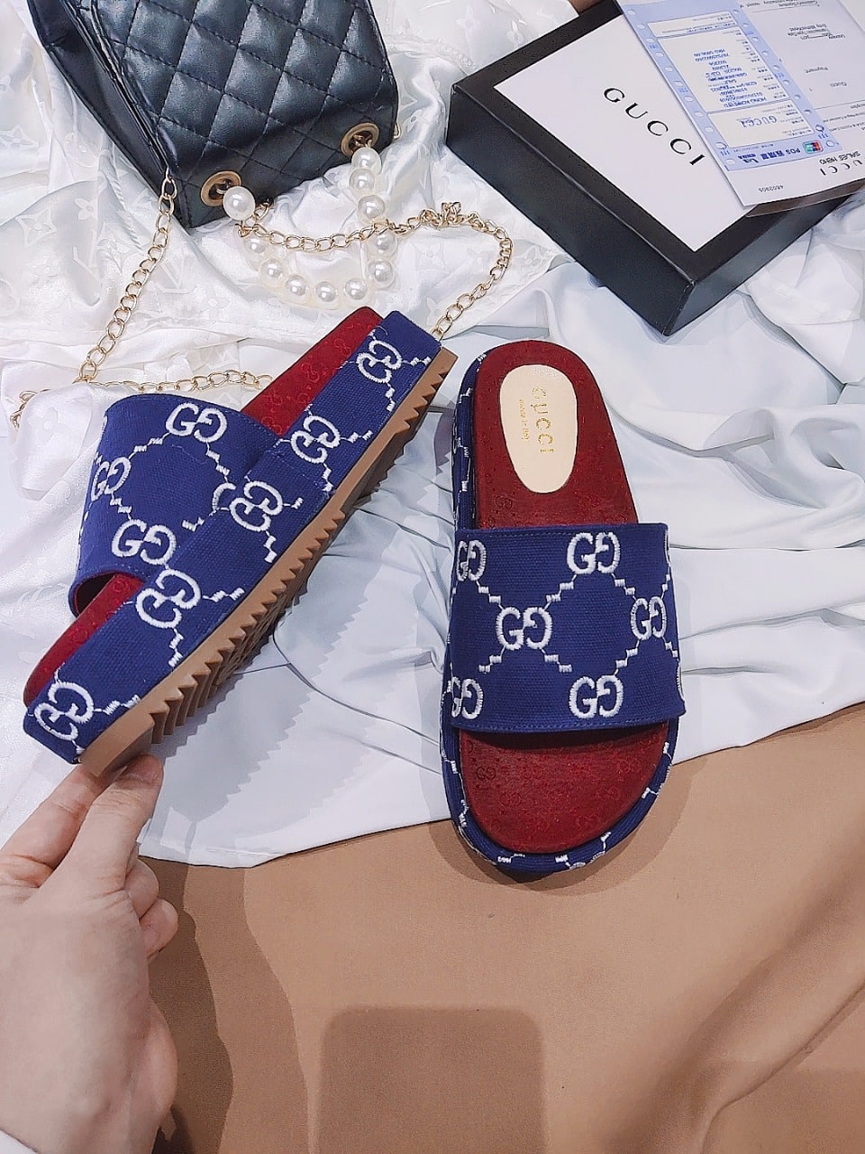 Gucci Women?S With Gg Pattern Slide Sandal Dark Blue