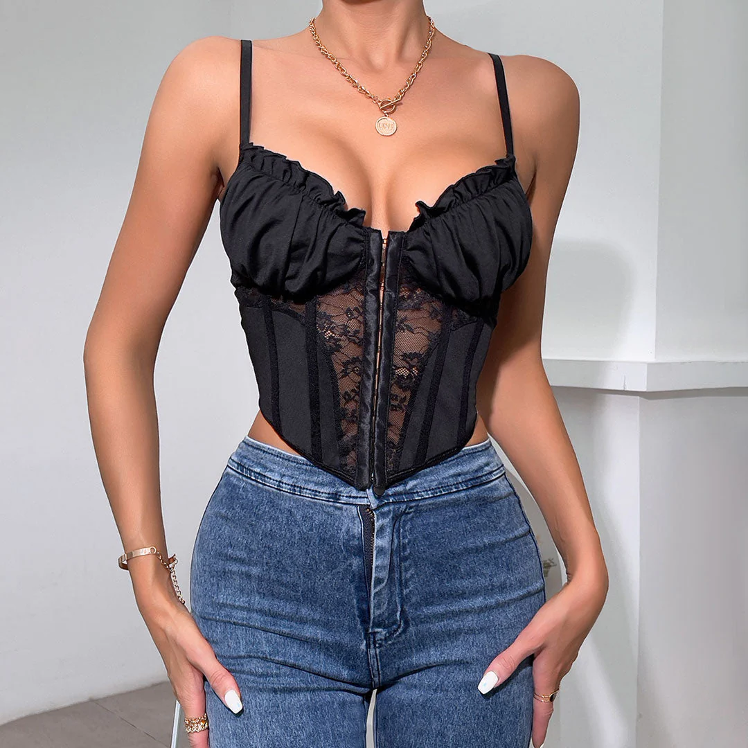 Sheer Lace Corset Top with Sweetheart NecklineClistos