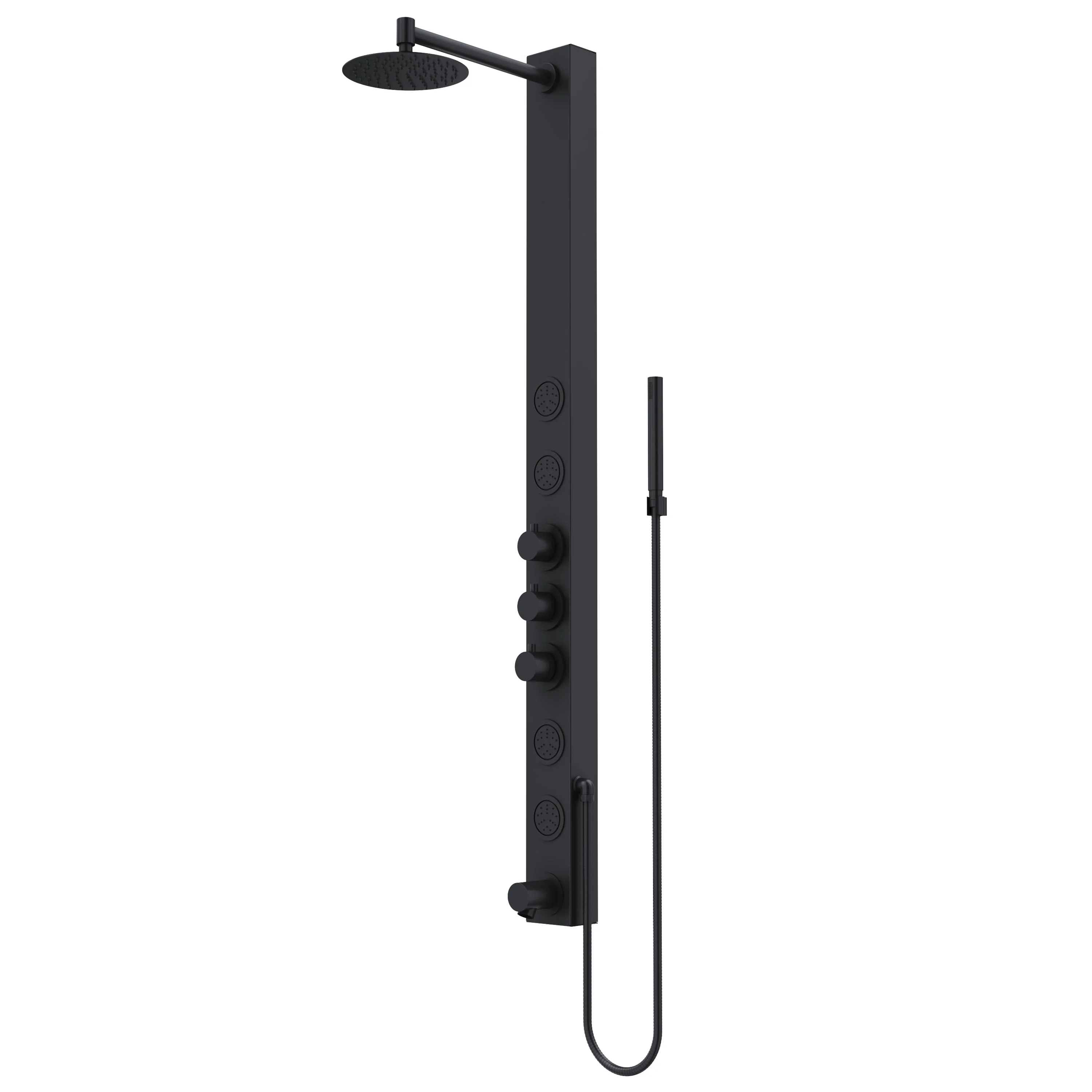 VIGO Bowery 58 in. H x 4 in. W 4-Jet Shower Panel System with Round Shower Head, Tub Filler and Hand Shower in Matte Black