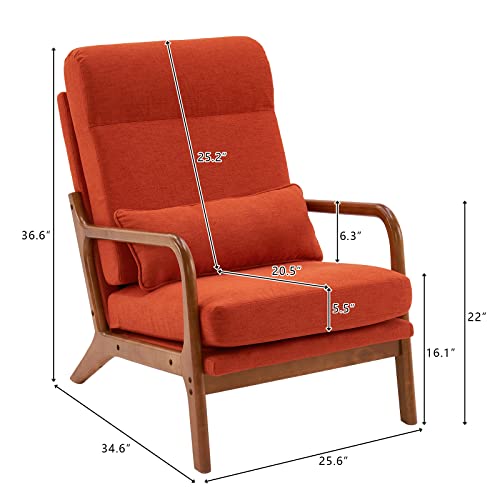 Bonnlo High Back Linen Beige Mid Century Modern Accent Chair, Soild Wood Padding Lounge Armchairs Side Sitting Chairs for Living Room, Bedroom, Guest Room