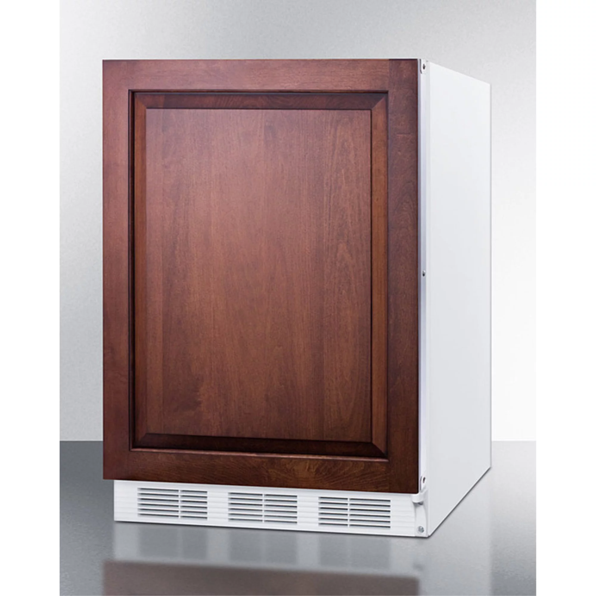 Built-in undercounter refrigerator-freezer for residential use, cycle defrost with a deluxe interior, panel-ready door, and white cabinet