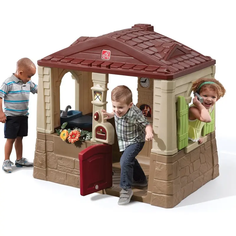 Step2 Neat & Tidy Cottage II Playhouse – Weather-Resistant Brown Plastic Kids’ Outdoor Toy with Dutch Door & Pretend Kitchen