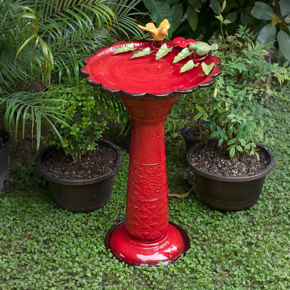 Alpine Corporation 28 in. Tall Outdoor Metal Birdbath with Birds and Leaves Yard Statue Decoration, Red ORS112RD