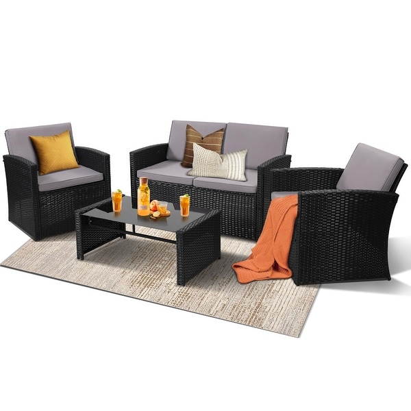 4 Pieces Patio Conversation Set,Outside Rattan Sectional Sofa,Cushion Furniture Set,Wicker Sofa for Garden,Rattan and Cushion