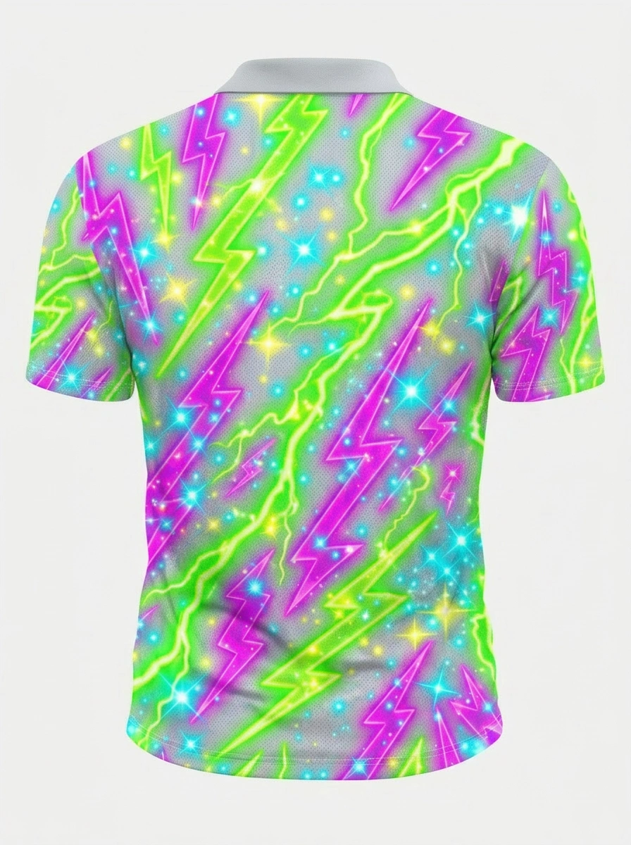 Moisture Wicking Golf Polo 3D Gray Neon Green Pink Lightning Star Button Short Sleeve Golf Polo Shirt