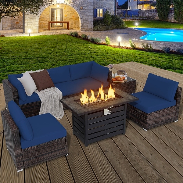 Gymax 7PCS Patio Rattan Furniture Set 42'' Fire Pit Table w/ Cover