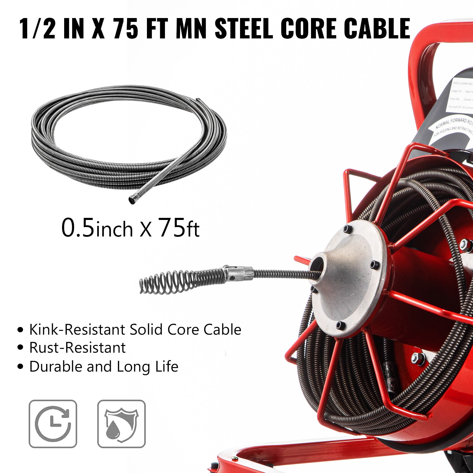 Vevor Drain Cleaner Machine Drain Auger 75 Ft X 1/2 In Cable W/wheels