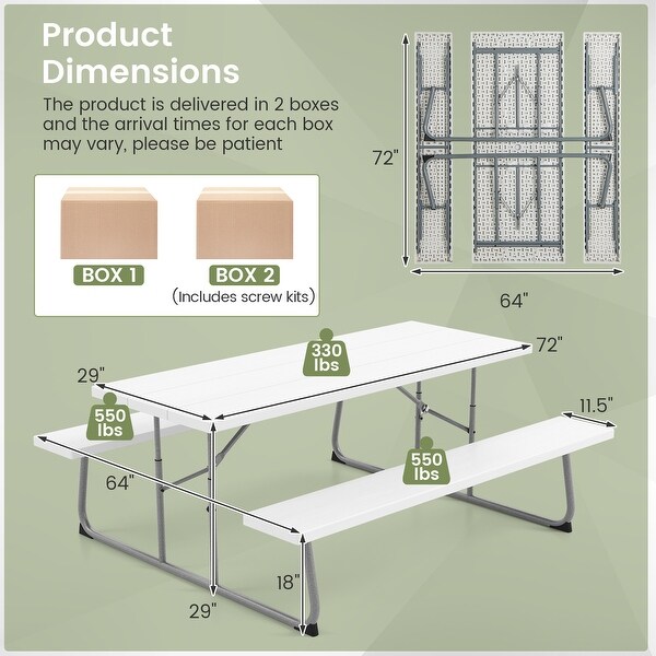 Folding Picnic Table Set with Metal Frame and AllWeather HDPE Tabletop,Umbrella Hole